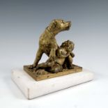 A gilt metal model, of a child reclining on a seated hound, raised on a white marble base, height