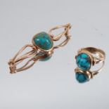 A turquoise matrix ring, unmarked, finger size J, with a matching brooch, 5g gross
