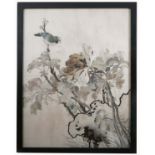An Oriental embroidered silk panel, decorated with a bird and foliage, 17.75ins x 13.75ins