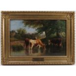 Charles Jones, oil on canvas, cattle watering with trees and buildings, bearing a paper label to the