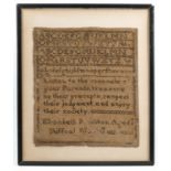 A 19th century framed tapestry sampler, with alphabet and verse, Elizabeth ***shton Aged 8 years,