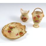 Three pieces of Royal Worcester blush ivory, all decorated with floral sprays, to include a vase
