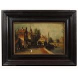 A continental oil on porcelain plaque, street scene with figures, buildings and canal,