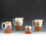 A collection of Clarice Cliff Crocus pattern items, to include an octagonal jug, three other jugs of