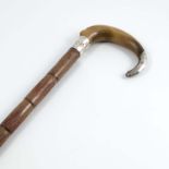 A 19th century walking cane, with curved horn handle, having hallmarked silver mounts, with bamboo
