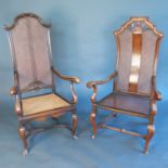 A near pair of 17th century style armchairs, with caned backs and seats, raised on cabriole legs