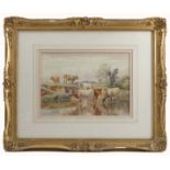 W Sidney Cooper, watercolour, cattle standing in water and two on the river bank, dated 1910, 8.5ins