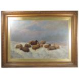 Charles Jones, oil on canvas, Winter landscape with sheep in a snowy field with sea beyond,