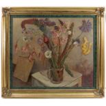 Mary Packer, oil on artist board, still life study of flowers in a mug, signed and inscribed
