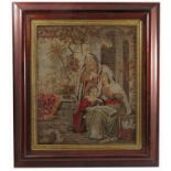 A 19th century tapestry picture, of a mother, father and child in a garden scene, 21ins x 17ins,