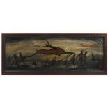 Edward Elliot, oil on board, cave painting, figures and stag, 9.75ins x 29.5ins