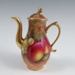 A Royal Worcester miniature coffee pot, decorated all around with hand painted fruit by Edward