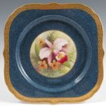 A Royal Worcester plate, decorated with a central panel of orchids by Albert Shuck, circa 1926, with