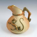 A Royal Worcester blush ivory lizard jug, with a wicker moulded body, shape number 1714, dated 1909,