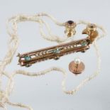 A seed pearl and three stone bar brooch, together with a row of seed pearls (untested and