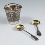 A pair of silver fiddle pattern mustard spoons, engraved with initials, Exeter 1864, together with