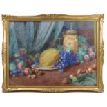 Florence Weston, watercolour, still life study of fruit and a stein, 18.5ins x 26ins