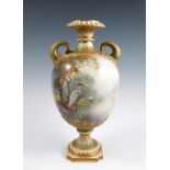 A Royal Worcester vase, decorated all around with storks in a river landscape by W Powell, having