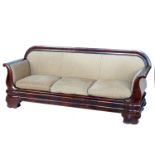 A 19th century mahogany framed sofa, with upholstered back and three cushions to the seat, with