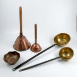 Two large Antique brass deep bowl ladles, with steel handles, length 29.5ins, together with two