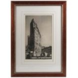 Stanley Anderson, black and white dry point etching, street scene with buildings and horses