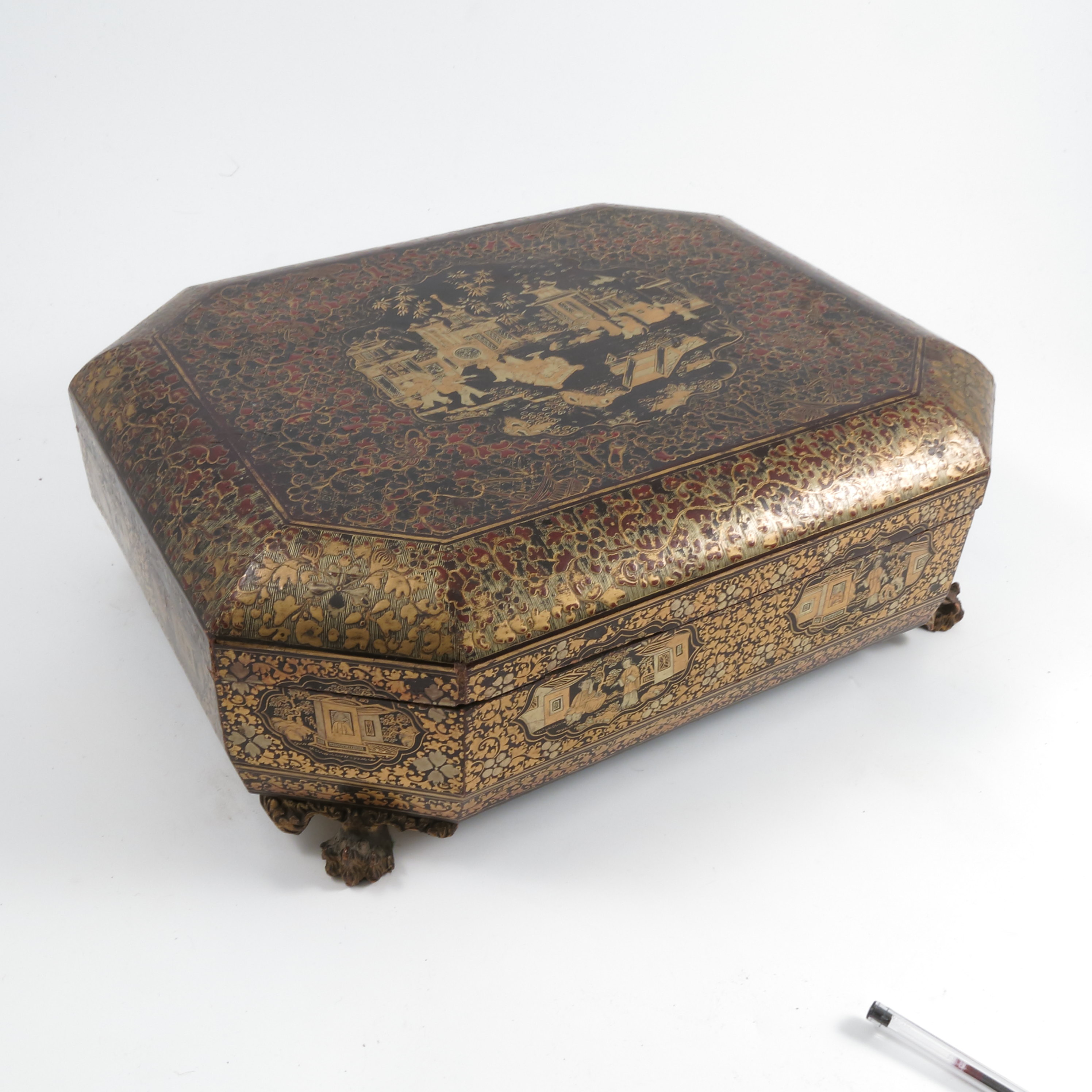 A 19th century Oriental black lacquer and gilt games box, of octagonal form, the lid and sides - Image 4 of 5