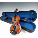 A cased violin, with two piece back, length including button 14.5ins, together with a bowCondition