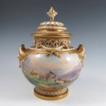 A Royal Worcester covered bow piece, decorated with sheep in landscape by Harry Davis, shape