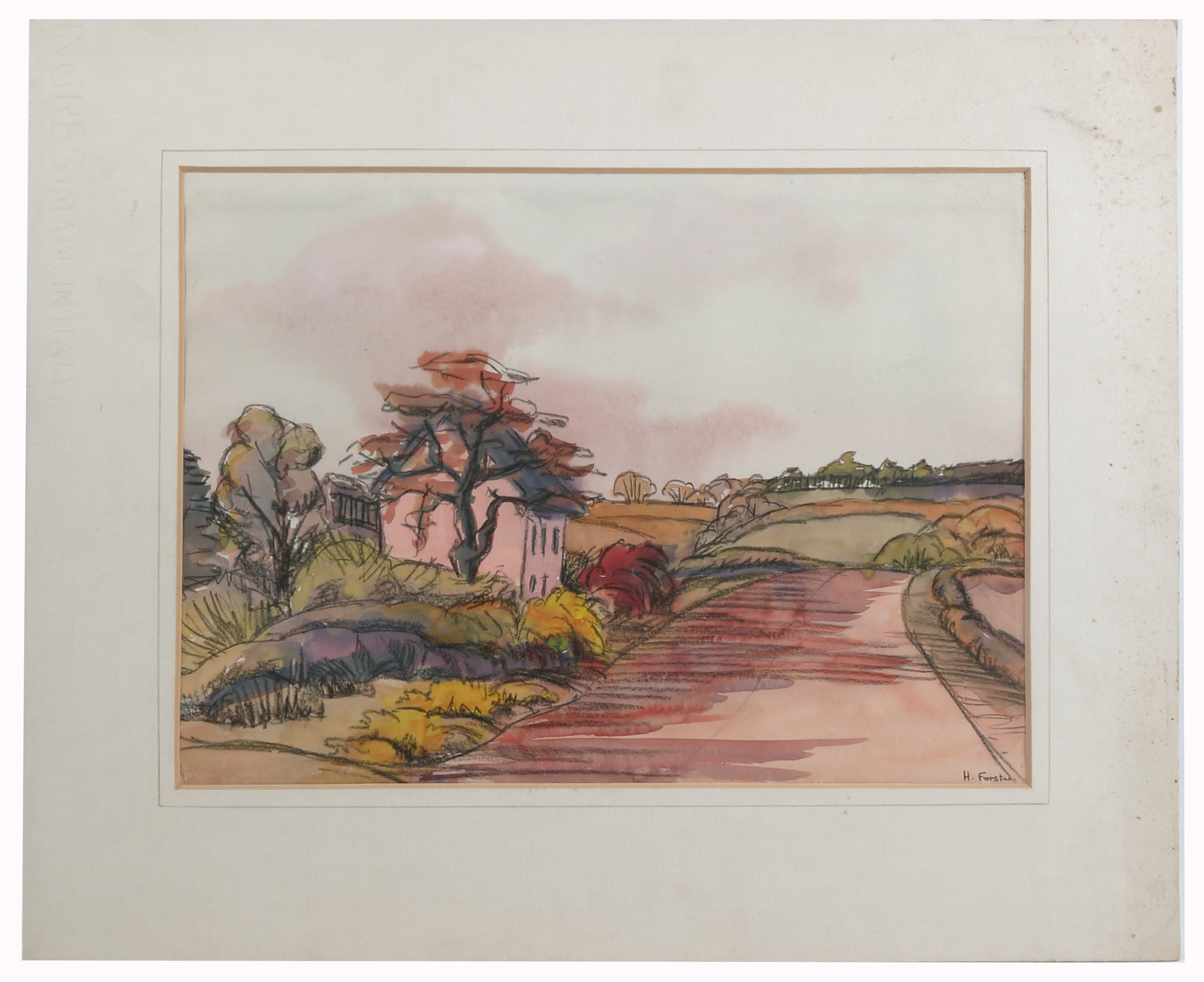 H Foster, watercolour, view along a road with pink cottage and trees, inscribed Meynell to the