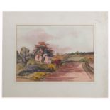 H Foster, watercolour, view along a road with pink cottage and trees, inscribed Meynell to the