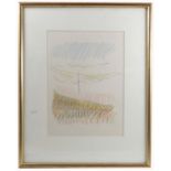 A 20th century coloured pencil drawing, telegraph pole in landscape, monogrammed and dated 83, 15ins