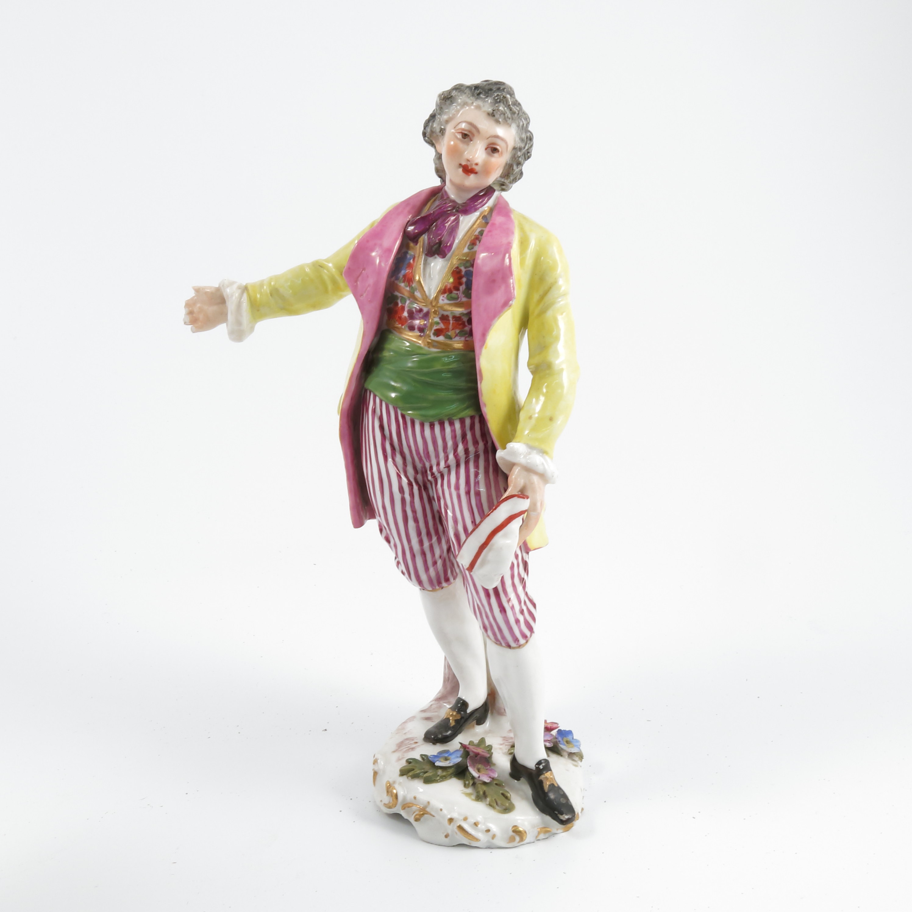 A pair of late 19th century continental porcelain figures, of a man wearing a yellow jacket and a - Image 9 of 9