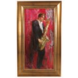 H Fry, oil on canvas, The Saxophonist, 23.5ins x 11.5ins
