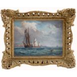 B F Gribble, oil on canvas, sailing ships off the coast, 7ins x 9ins (D)Condition Report:
