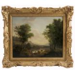 Early 19th century, oil on canvas, open landscape with figures, 13ins x 16ins