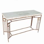 An Art Deco style console table, with stone effect rectangular top, raised on a metal base, width