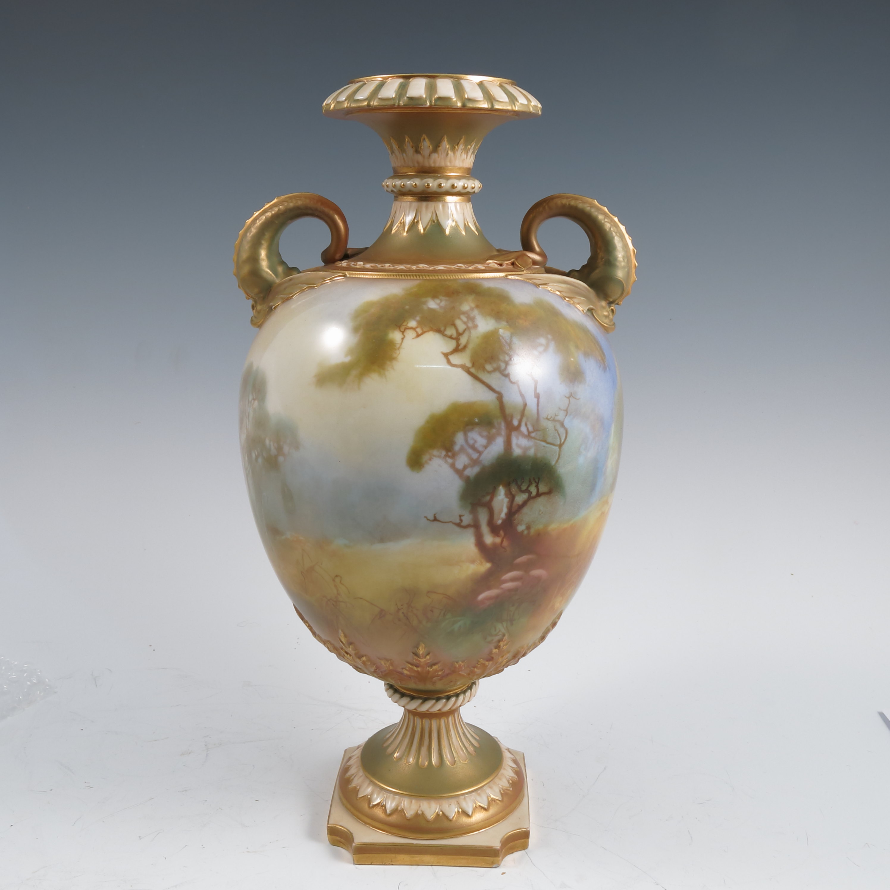 A Royal Worcester vase, decorated all around with storks in a river landscape by W Powell, having - Image 5 of 5