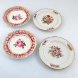Two pairs of 19th century plates, one decorated with pink roses to a rose and gilt border, the other