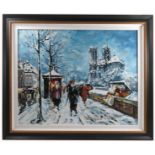 Shtainfeld, oil on canvas, winter street scene with figures and buildings, 23ins x 29ins
