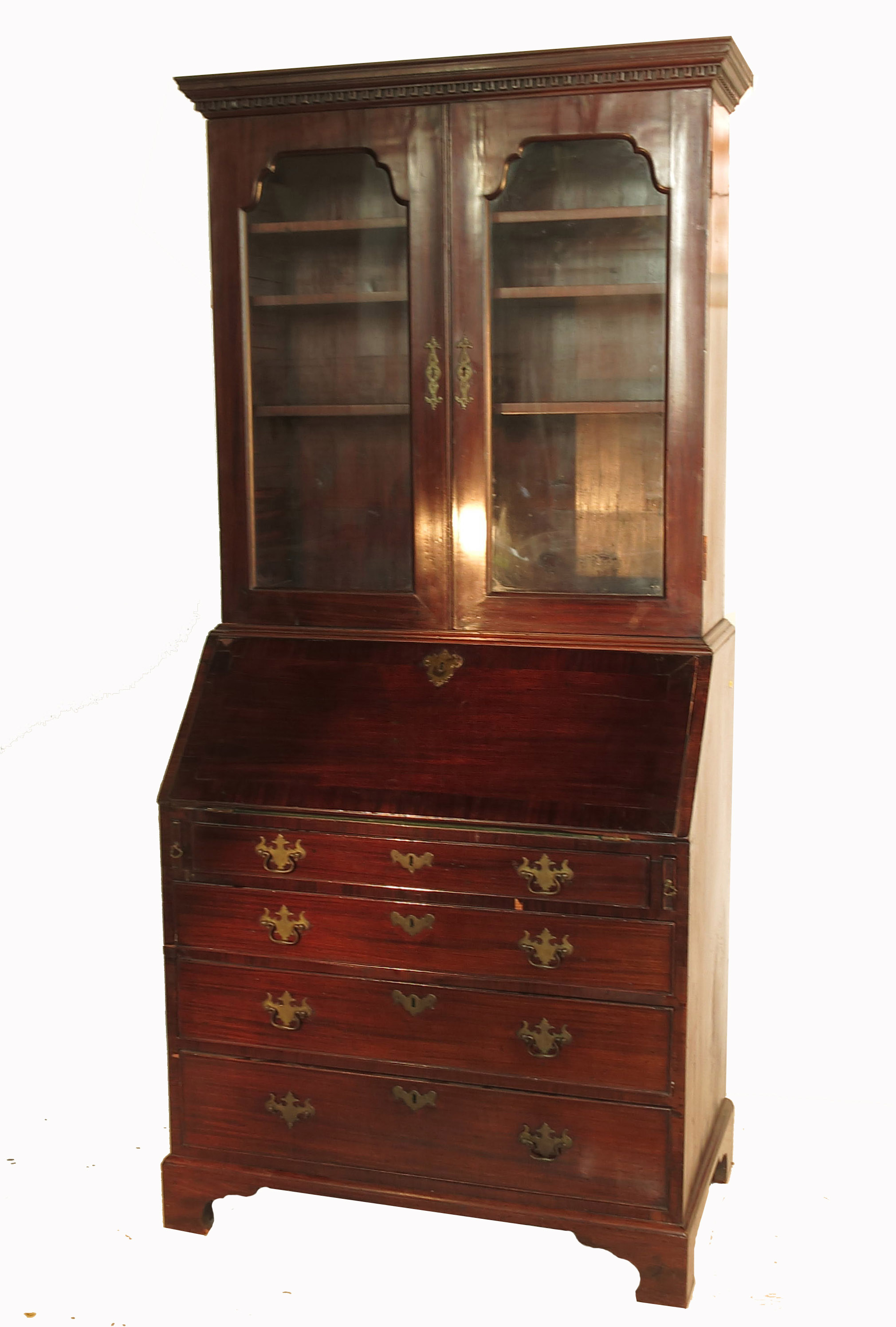 A 19th century mahogany bureau bookcase, having glazed top fitted with adjustable shelves over a