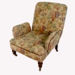 A pair of 19th century grandfather and grandmother chairs, with upholstered back, seat and arms,
