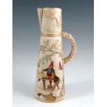 A rare Royal Worcester claret jug, decorated with elf carpenters in a garden landscape, shape number