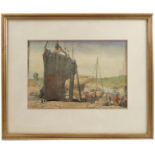 Extense '53, two watercolours, shipyard with figures 7.25ins x 10.5ins, and a harbour scene with