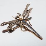 A gem set dragonfly brooch, unmarked, with rose diamond wings and eyes, sapphire set abdomen, and