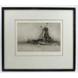 Andrew F Affleck, black and white etching, Zaandam Saw Mill, Dutch scene with barge and windmill,