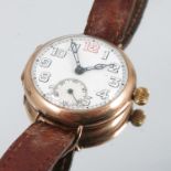 A 9 carat gold mechanical wristwatch, the circular white enamel dial with Arabic numerals, the three