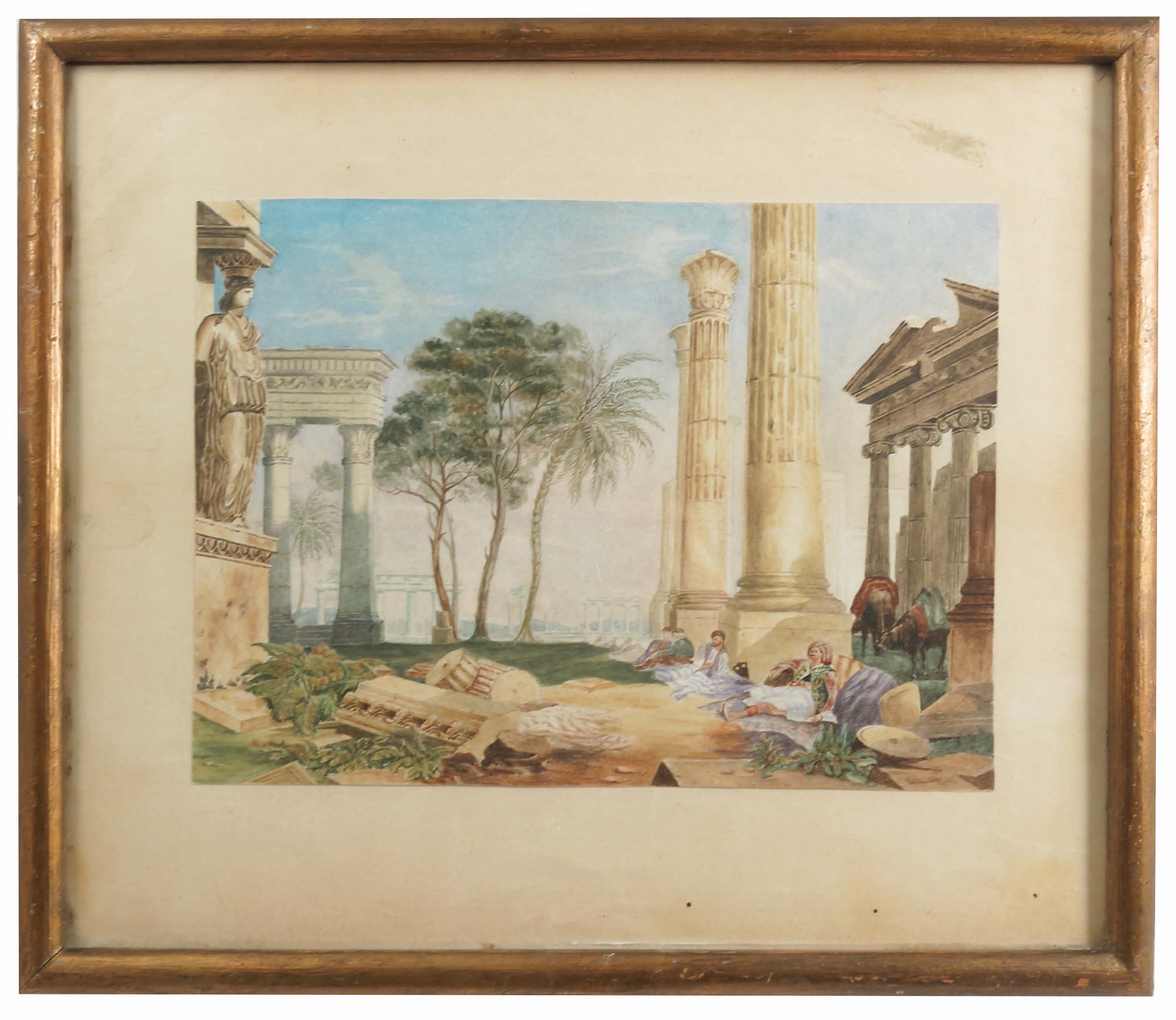 A 19th century watercolour, figures sleeping by Classical ruins, 7.75ins x 10.5ins