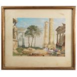 A 19th century watercolour, figures sleeping by Classical ruins, 7.75ins x 10.5ins