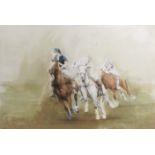 Ruth Nicholas, watercolour, three polo players on horseback, unframed, 14ins x 21ins