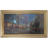 Philip D Hawkins, oil on canvas, night scene at Inverness station, with figures, carriages and steam
